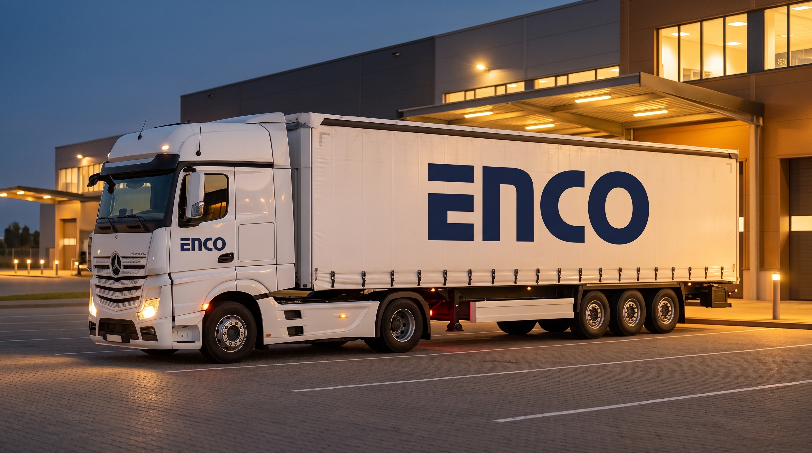 ENCO filosundan beyaz Mercedes-Benz Actros çekici ve ENCO logolu dorse, alacakaranlıkta