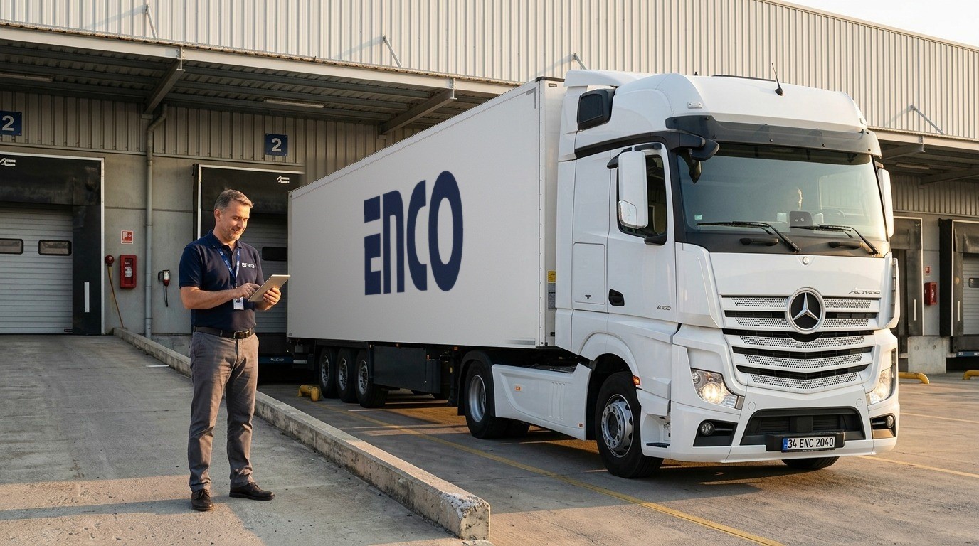 Şafakta müşteri rampasına yanaşan beyaz ENCO tırı ve tabletli depo yöneticisi